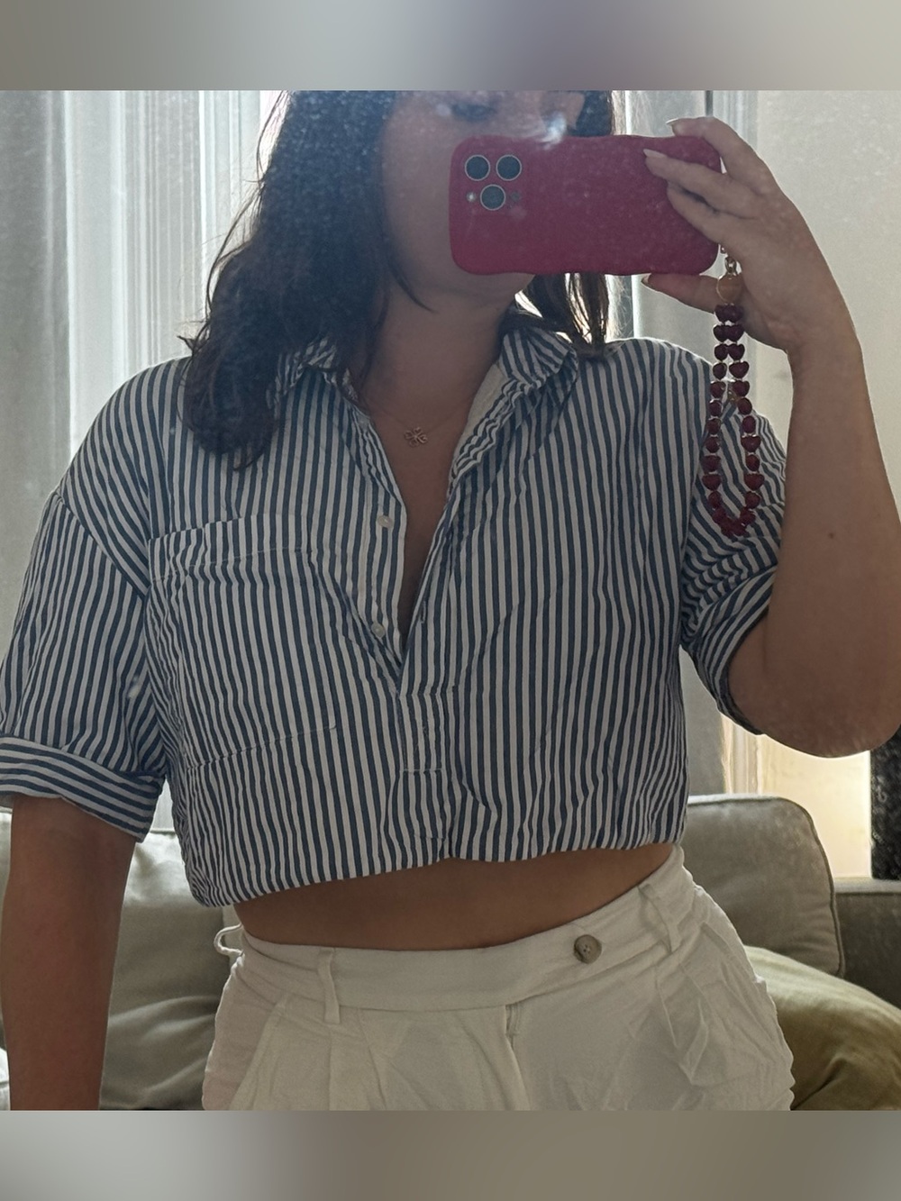Zara Navy and White Striped Cropped Poplin Shirt